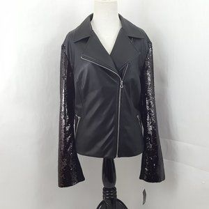 INC International Concepts Black Faux Leather Jacket with Sequin Sleeves